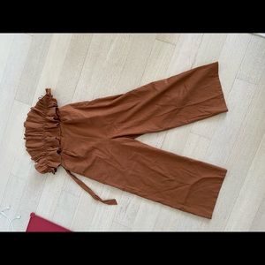 Ruffle Bust Tie Back Jumpsuit in Brown